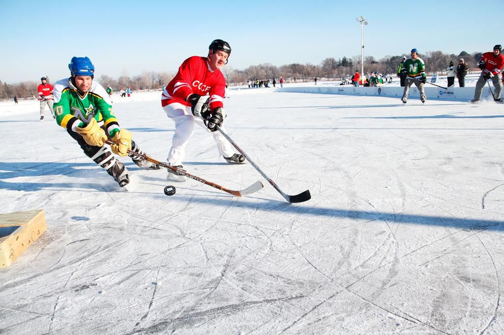 Both retired pros and regular people compete on the 27 rinks at the U.S. Pond Hockey Championships in Minnesota.