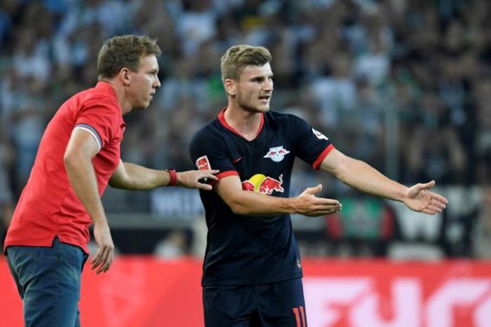 Head coach Julian Nagelsmann and striker Timo Werner (R) have high hopes for RB Leipzig during only their second Champions League campaign this season