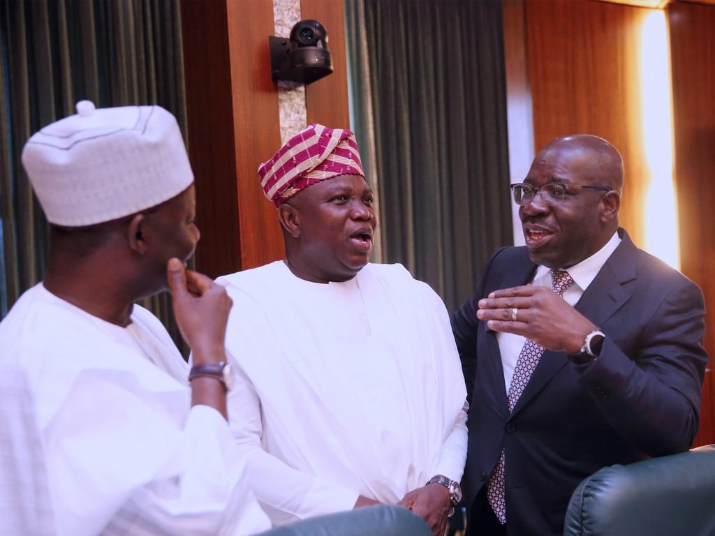 Lagos state governor, Akinwunmi Ambode, Godwin Obaseki of Edo state and Gombe's Ibrahim Dankwambo during NEC meeting at the Statehouse
