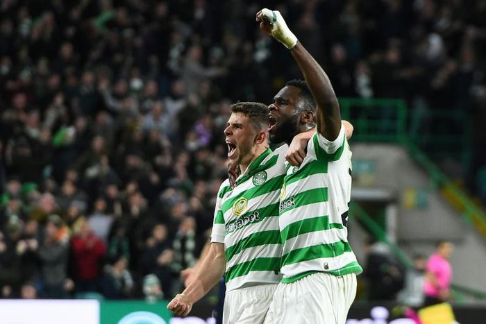 Odsonne Edouard (right) and Ryan Christie (left) celebrate Celtic's equaliser against Lazio