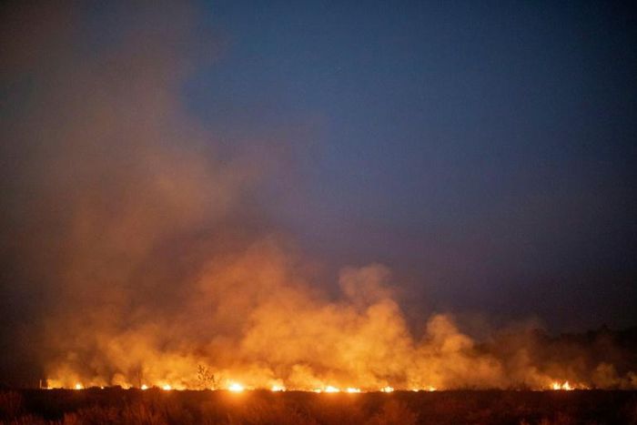 A forest wildfire spreads onto a farm in Brazil's Mato Grosso state, in the southern Amazon basin region, in August 2019