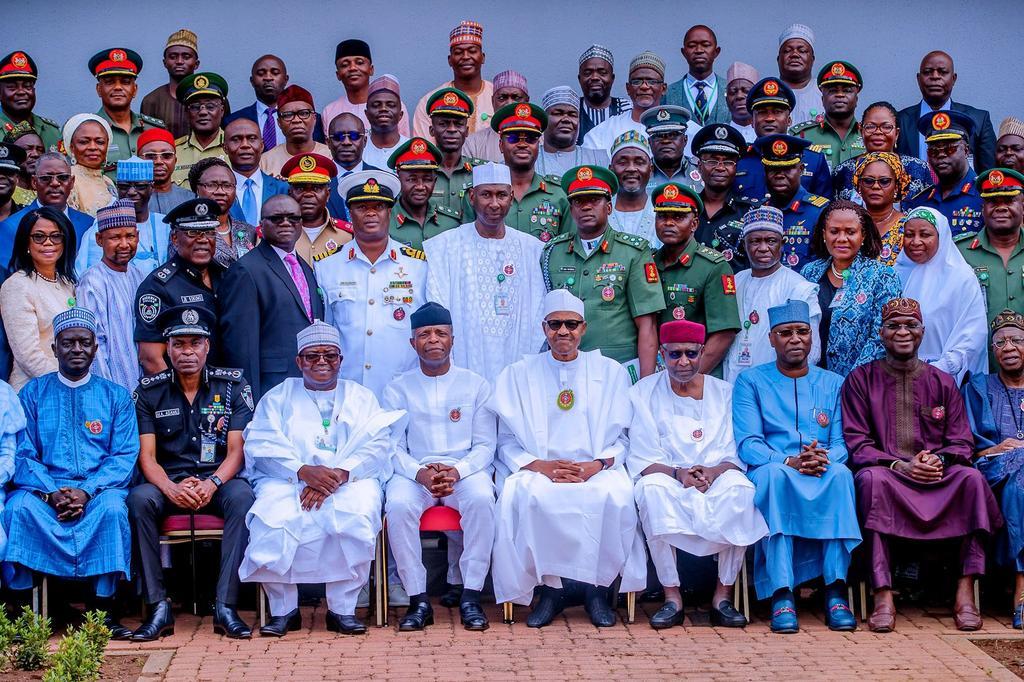 President Muhammadu Buhari holds a Presidential Parley with Participants of the Senior Executives Course 41, 2019 of the National Institute for Policy and Strategic Studies (NIPSS). [Twitter/@BashirAhmaad]