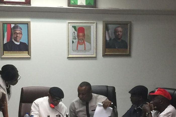Minister of Labour and Employment, Dr Chris Ngige and his state counterpart, Dr Festus Keyamo during negotiation with Labour leaders over the consequential adjustment to the new Minimum Wage.  [Twitter/@fkeyamo]
