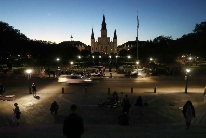 St. Louis Cathedral is illuminated at dusk in New Orleans, which became part of the United States in 1803 as part of the Louisiana Purchase