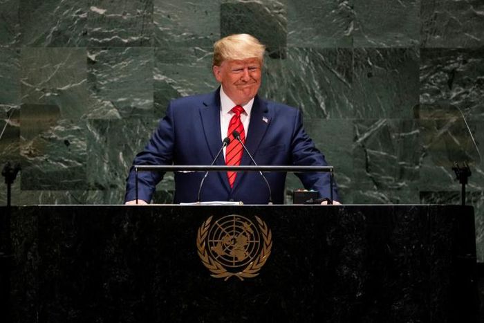 US President Donald Trump is seen here addressing the UN General Assembly in September 2019 -- the United States is one of the dozens of countries behind on their UN dues