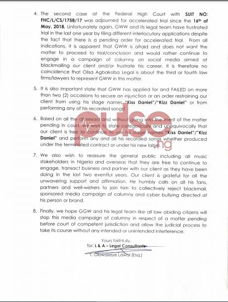 Pages 2 of the reply signed by Olwaseye I. Lawal (Esq.) on behalf of Kizz Daniel. (Pulse Nigeria)