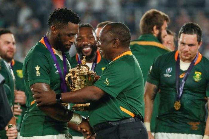 South African President Cyril Ramaphosa congratulated victorious Springboks skipper Siya Kolisi after the Rugby World Cup final in Yokohama