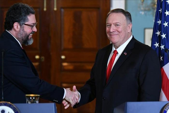 US Secretary of State Mike Pompeo and Brazilian Foreign Minister Ernesto Araujo speak to the press following a meeting at the State Department