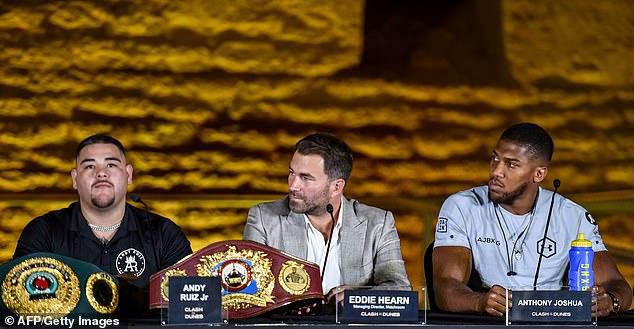 Andy Ruiz Jnr, Eddie Hearn and Anthony Joshua  (AFP/Getty Images)