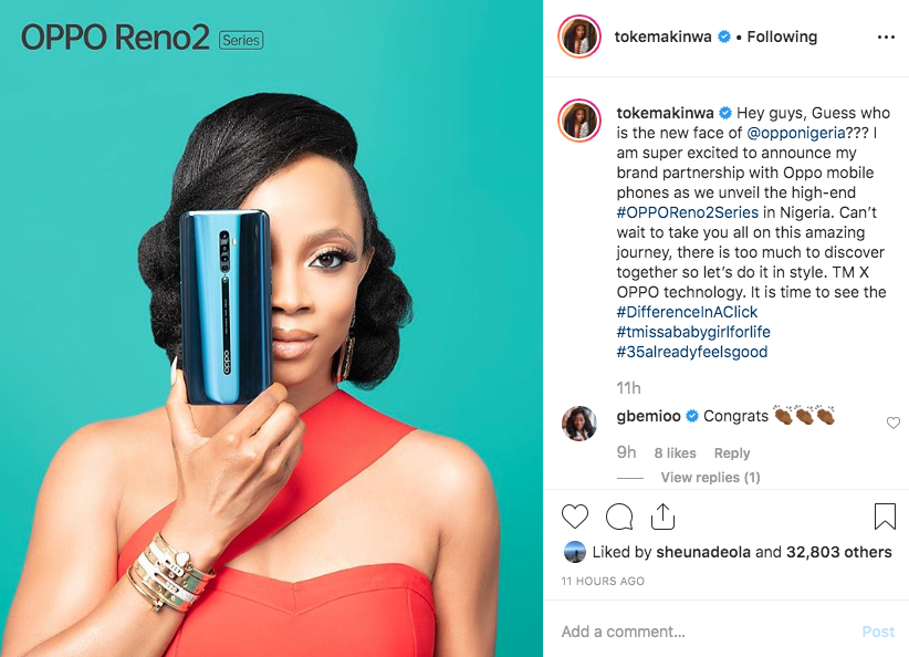 OPPO Mobile, Toke Makinwa partner to launch Reno2 Series smartphones in Nigeria