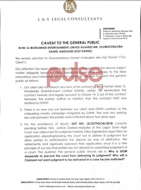 Pages 1 and 2 of the reply signed by Olwaseye I. Lawal (Esq.) on behalf of Kizz Daniel. (Pulse Nigeria)