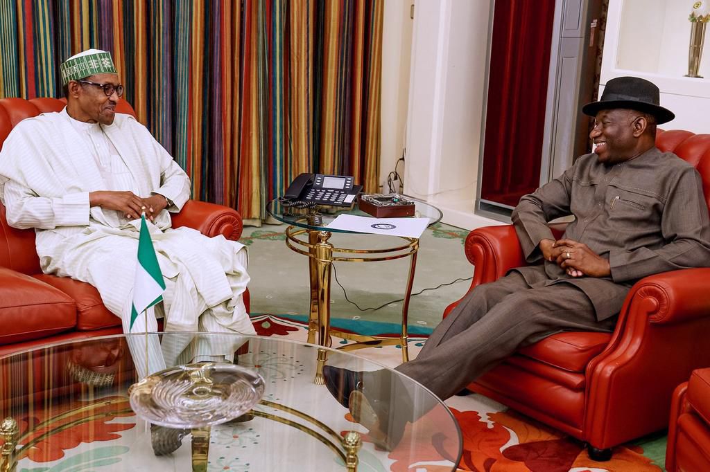 Former President Goodluck Jonathan (left) and President Muhammadu Buhari  [Twitter/@BashirAhmaad]