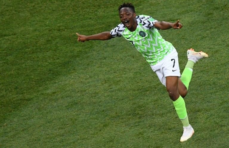Nigeria's forward Ahmed Musa celebrates after scoring