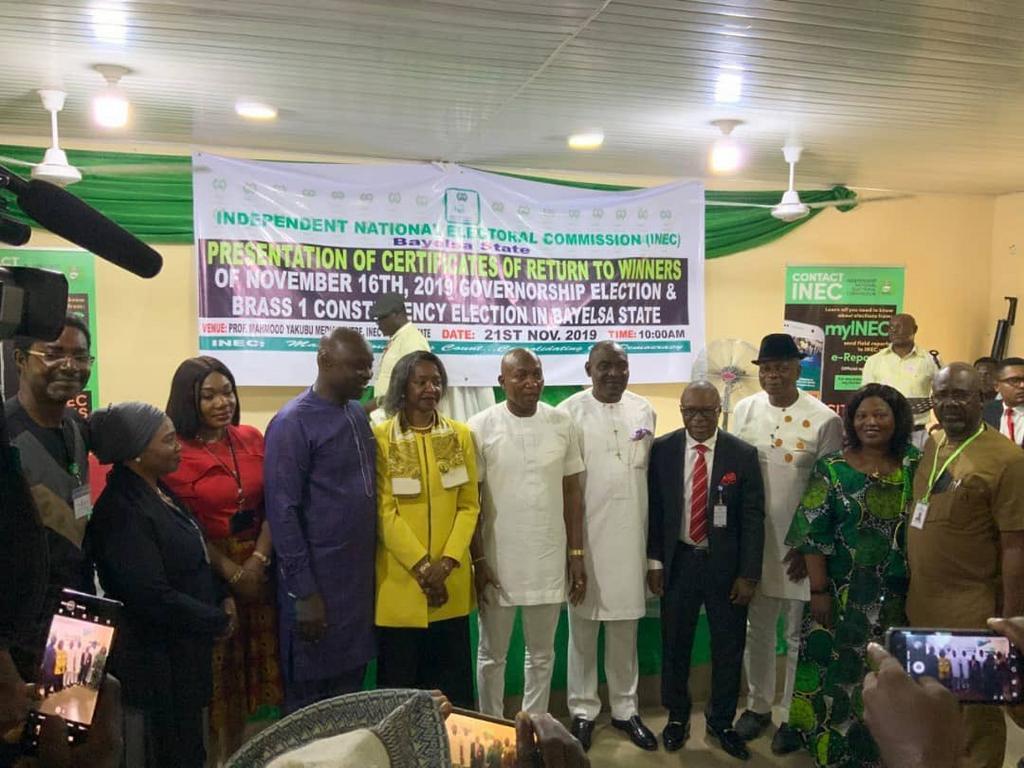 Bayelsa governor-elect, David Lyon, and his Deputy received their Certificates of Return from the Independent National Electoral Commission (INEC). [Twitter/@inecnigeria]