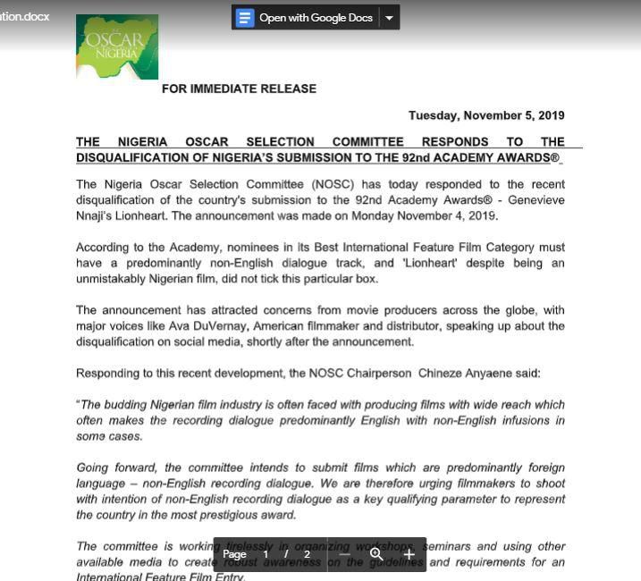 The Nigeria Oscar Selection Committee has admitted they made a mistake in submitting Genevieve's 'Lionheart' for Oscar consideration.