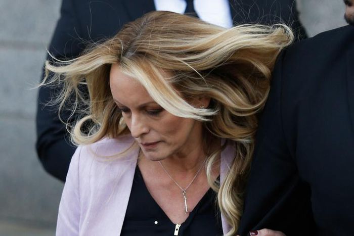 Adult-film actress known as Stormy Daniels, pictured here exiting the US Federal Court in New York in April 2018, has won $450,000 in a lawsuit settled with the city of Columbus, Ohio