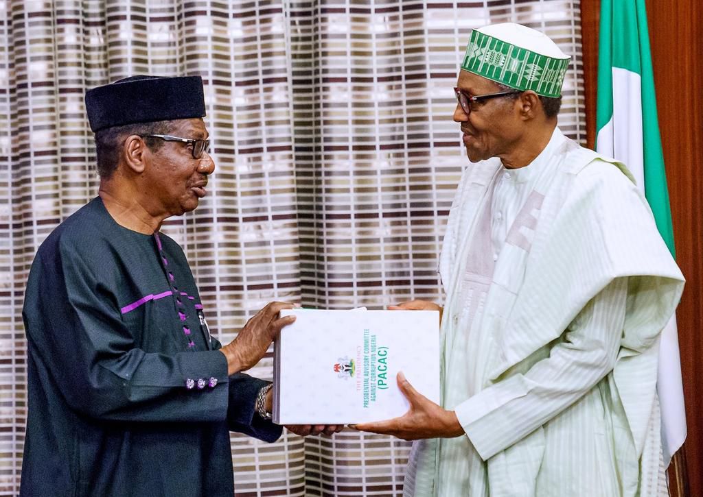 President Muhammadu Buhari and Chairman of PACAC, Prof. Itse Sagay [Twitter/@BashirAhmaad]