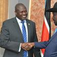 South Sudan's President Salva Kiir (right) shake hands with rebel leader Riek Machar in a rare September 2019 meeting in Juba