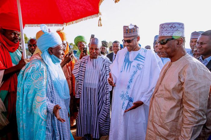 President Muhammadu Buhari, Guinean President Alpha Conde, Governor of Katsina state, Aminu Masari and Emir of Daura, Umar-Farouq [Twitter/@BashirAhmaad]