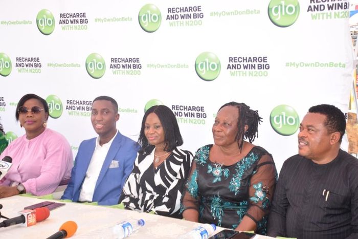 Iya Oja of Computer Village, Ikeja, Mrs Abisola Azeez; Regional Manager, Secondary Sales, Globacom, Mr. Victor Kalu; representative of Secretary to Lagos State Government, Mrs Oyinade Nathan-Marsh; Nollywood Star Patience Ozokwor (Mama G) and another n...