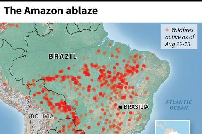 Map locating wildfires in the Amazon as of Aug 22-23