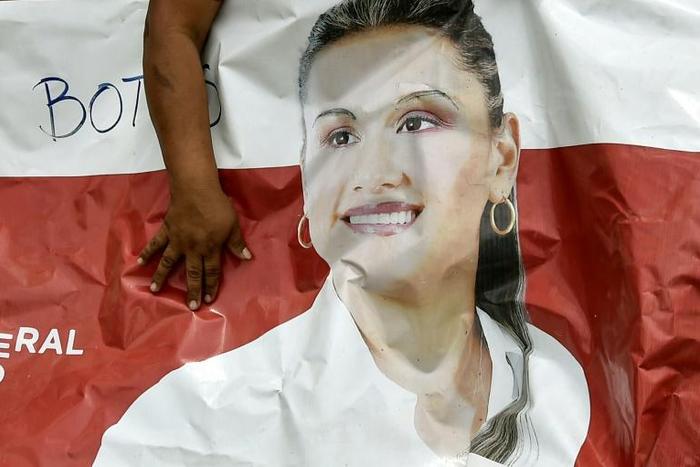 A poster shows the face of slain Colombian mayoral candidate Karina Garcia