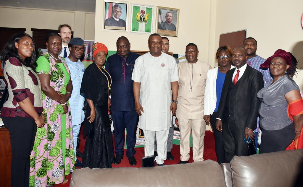 The Minister of State for Labour and Employment, Festus Keyamo, (5th right), in a group photograph with a delegation of African Union Labour Migration Advisory Committee, led by Dr Alves D’Almada (4th right), in Abuja. [NAN]