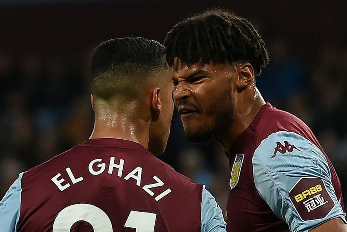 Aston Villa's Anwar El Ghazi remonstrates with team-mate Tyrone Mings