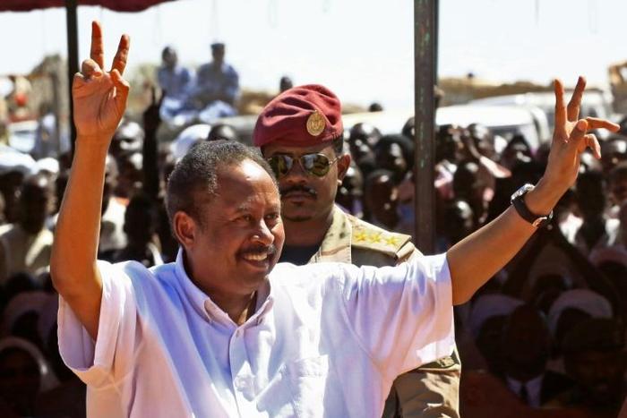 Sudan's Prime Minister Abdalla Hamdok visits a camp for the displaced in El-Fasher, the capital of North Darfur state in the war-devastated western region