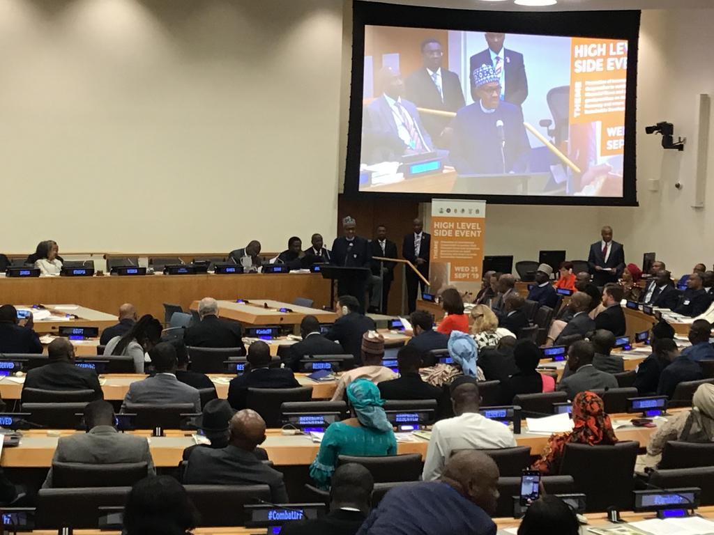 President Buhari speaking at the high-level event on Illicit Financial Flows (IFFs) held on the sidelines of the ongoing 74th United Nations General Assembly in New York.  [NAN]