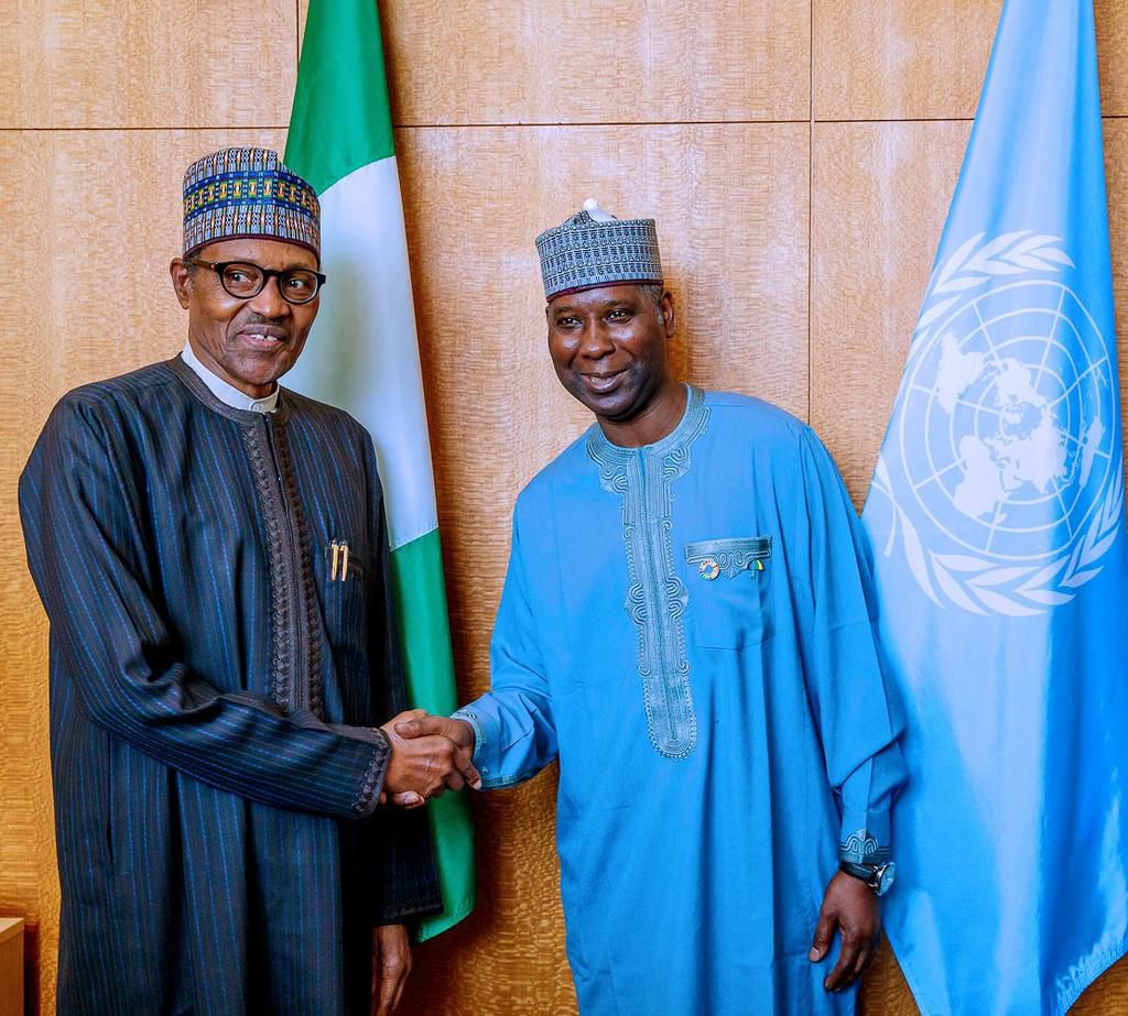 President Muhammadu Buhari with UNGA president, Amb. Tijani Muhammad-Bande during the visit. [Twitter/@BashirAhmaad]