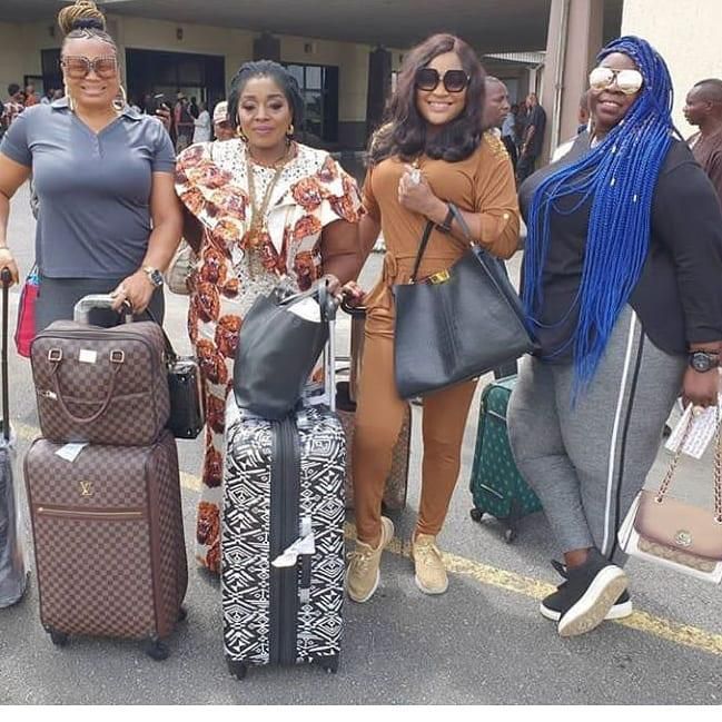 Moji Oyetayo (right), Uche Elendu, Rita Edochie and Chidi Ihezie Okafor in Akwa Ibom for the AGN elections. [Instagram/Mojiymohipsoyetayo]