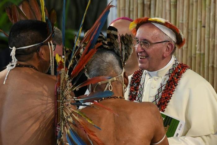 Pope Francis met representatives of indigenous communities of the Amazon basin from Peru, Brazil and Bolivia during his vist to Peru last year