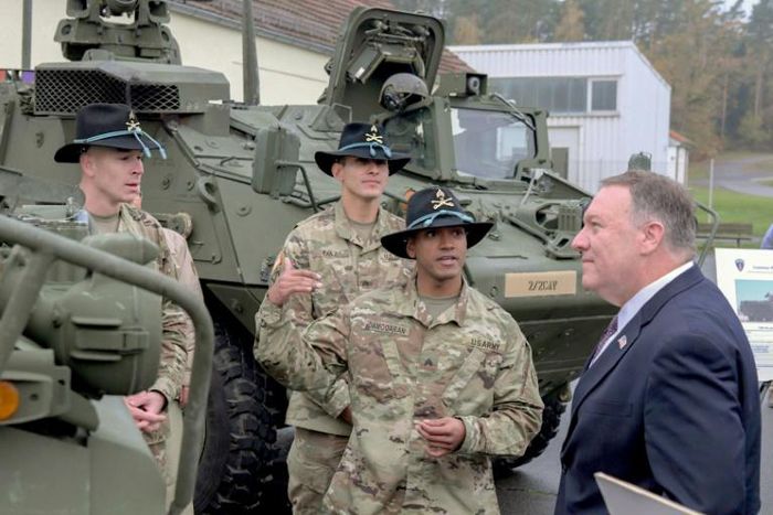 US Secretary of State Mike Pompeo speaks with cavalry soldiers in Germany near where he himself served during the Cold War