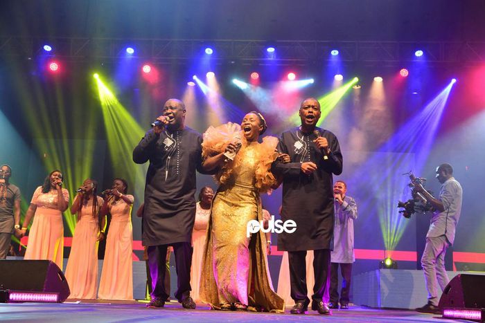 From left: Panam Percy Paul, Esther Osaji, and Ron Kenoly perform together at the Hallelujah Concert 2019