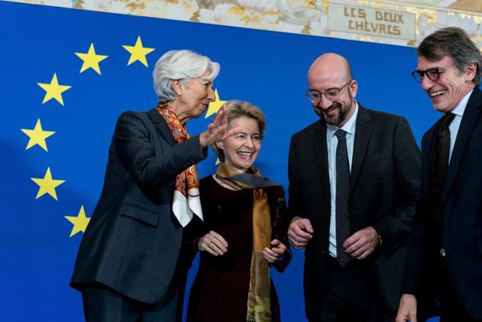 (From L) President of the European Central Bank (ECB) Christine Lagard attends the launch of the EU's new leadership team: European Commission President-elect Ursula von der Leyen, European Council President Charles Michel, and European Parliament pres...