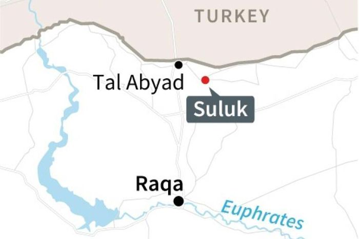 Map locating Suluk, near Tal Abyad in Syria, site of a deadly car bomb attack Sunday, according to the Syrian Observatory for Human Rights