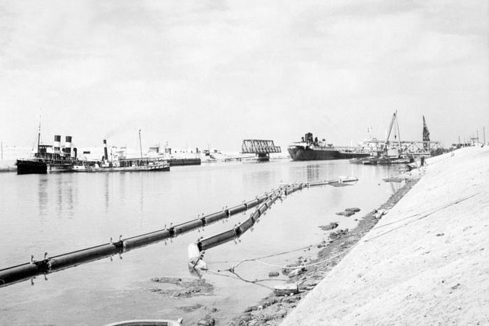 The Suez Canal in 1955, during a phase of major expansion and a year before it was nationalised by Egypt