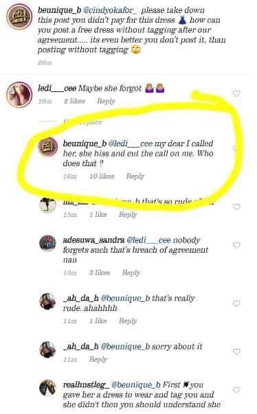 A screenshot of the allegations by Beunique fashion owner on Instagram after Cindy posted her picture allegedly wearing the brand's dress.