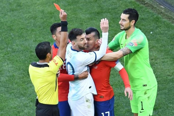 Superstar Lionel Messi was sent off in his last appearance for Argentina, the third-place play-off victory over Chile at the Copa America
