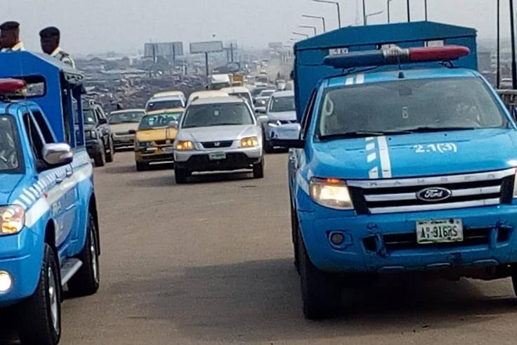FRSC supervising opening of the Kara Bridge on Lagos-Ibadan Expressway to traffic on Sunday in Lagos