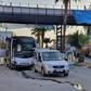 A bus carrying police in Adana, southern Turkey, pictured after being partially destroyed by a road side bomb on September 25, 2019