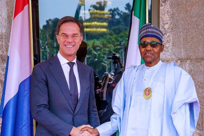 President Muhammadu Buhari welcomes Netherlands Prime Minister to Aso Rock. [Twitter/@NigeriaGov]