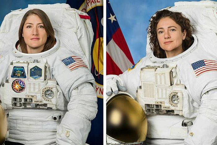 Christina Koch (left) is leading Jessica Meir, , who is making her first ever spacewalk