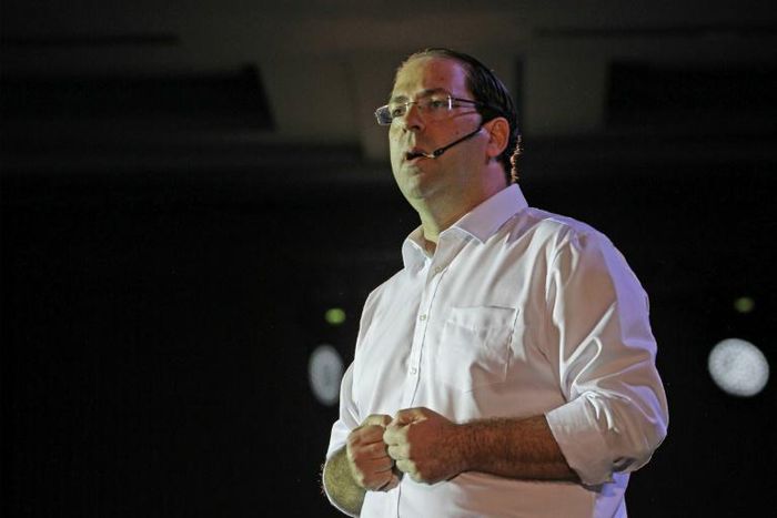 Tunisian prime minister and presidential hopeful Youssef Chahed speaks during an election campaign in the capital Tunis on September 2, 2019