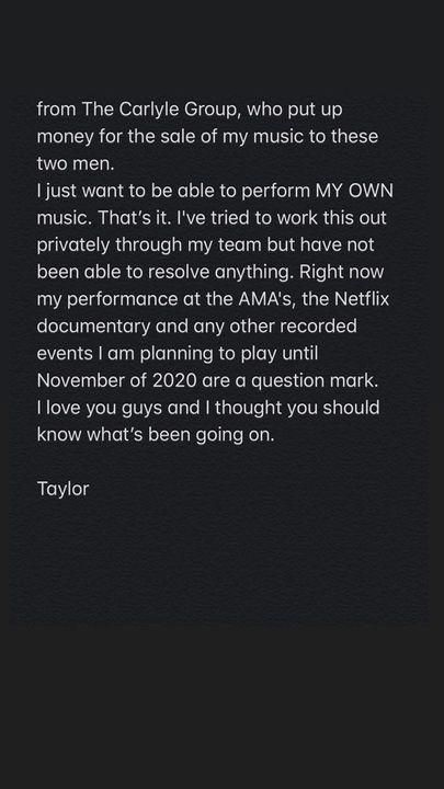 Taylor Swift accuses Scooter Braun and Scott Borchetta of preventing her from using her music. (Instagram/Taylor Swift)