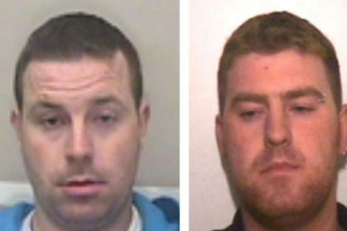 A handout photo made available by Essex Police in London on October 29, 2019, shows Christopher Hughes (L) and his brother Ronan Hughes, who are being sought in connection with the discovery of the 39 Vietnamese bodies found in a truck in Grays on Octo...