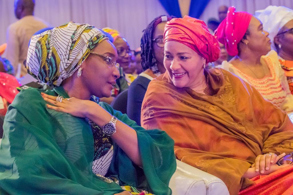 Hajiya Sadiya Umar-Farouq, the Minister of Humanitarian Affairs, Disaster Management and Social Development and Deputy Secretary-General of the United Nations, Amina J Mohammed. [Twitter/@Sadiya_farouq]