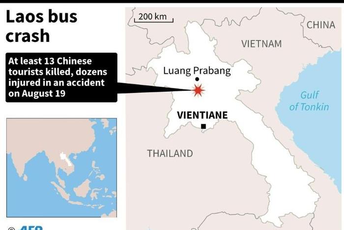 Map of Laos locating an approximate area where at least 13 Chinese tourists were killed and dozens injured in a bus accident on Monday.