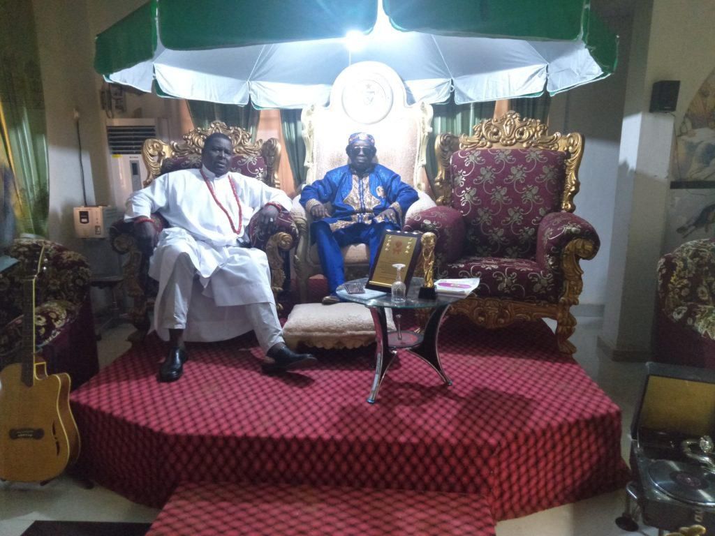 Left-Right Mr Olusegun Runsewe, Director General, National Council for Arts and Culture (NCAC) with Prof. Victor Uwaifo, Nigerian legendary musician during a visit to his "Revelation Tourists Palazzo" museum in Benin City, Edo state. (NAN)
